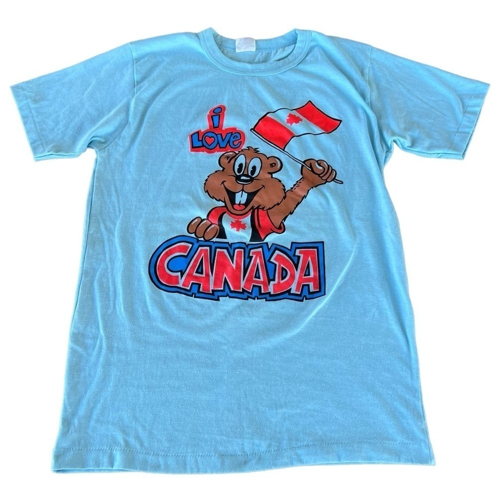 VTG I Love Canada Single Stitch TShirt Blue Beaver Maple Leaf Flag Med 50/50 GUC